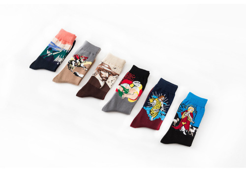 Spring and Autumn New Retro Artistic Abstract Oil Painting Series Virgin Figure Cupid Men‘s All Cotton Mid-Calf Length Socks
