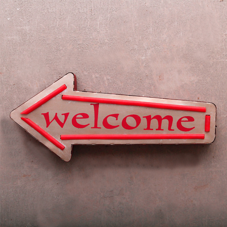 Retro iron welcome direction sign LED lamp wall decoration personality bar restaurant signpost decor