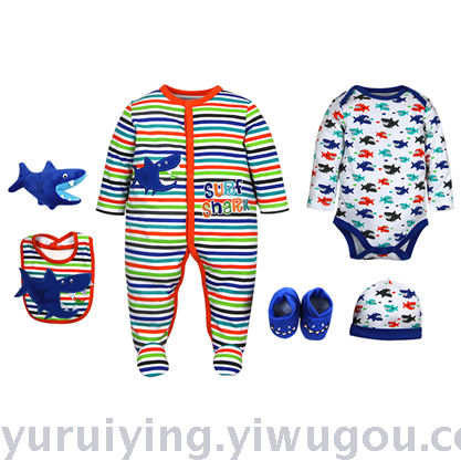 6-Piece Set Long Climbing + Toy Bib Long-Sleeve Jumpsuit Embroidered Romper Printed Clothes
