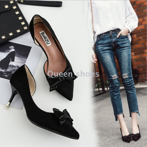 autumn and winter new single-layer shoes women‘s european and american pointed bow side empty high heel women‘s shoes professional ol work shoes wholesale