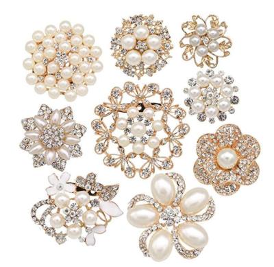 INFANTA JEWELRY Lot 9pcs Rose Gold-tone Rhinestone brooches Big Pearl Crystal wedding bouquet kit set