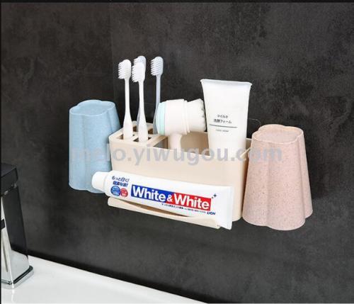 traceless sticker toothbrush rack set， wash set， wheat straw toothbrush holder
