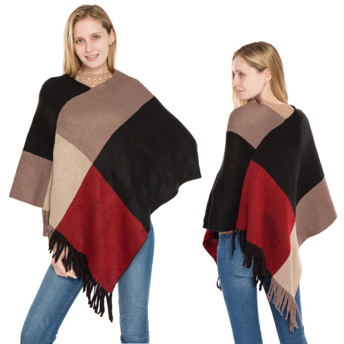 Factory Direct Large Plaid Color Matching Knitted Warm Shawl European and American Autumn and Winter New Cashmere-like Tassel Pullover Cloak 