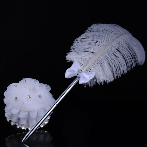 Direct Selling Western Wedding Signature Pen Ostrich Hair Signature Pen with Base Feather Pen Wedding Supplies Wholesale