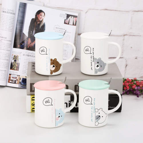 [leiwo ceramics] cute emed bear ceramic cup with cover with spoon mug