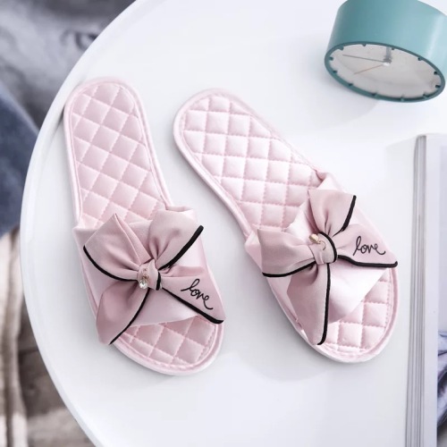 korean style spring and summer new one-word slippers bowknot indoor slippers casual flat silk non-slip home slippers