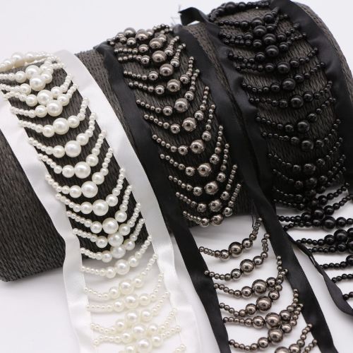 Hand-Stitched Clothing Accessories Ribbon Bilateral Beaded Black and White Pearl Lace Handmade Diy Clothes Leader Decoration 