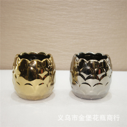 jinbao golden silver electroplated ceramic small flower pot electroplated flower pot crafts vase ornaments vase ornaments