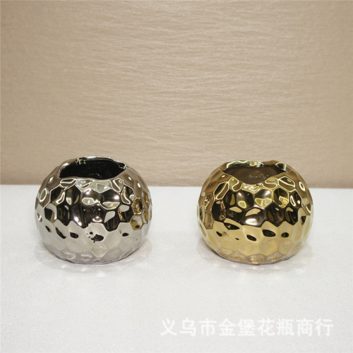 金色银色新款小圆球电镀陶瓷小花盆摆件工艺品花瓶摆件花器摆件