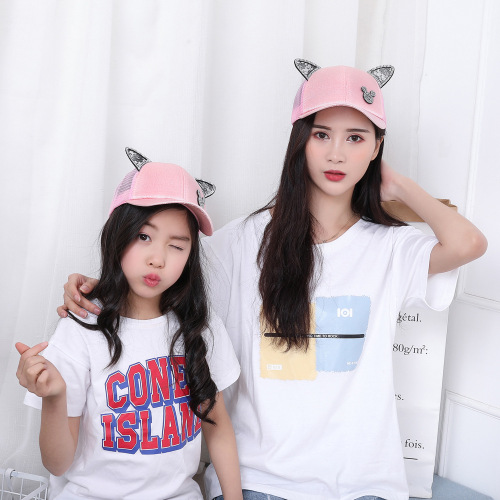 Direct Sales Hot Spring and Summer Parent-Child Cute Cat Ears Baseball Cap Sun Hat Peaked Cap Princess Hat Mesh Cap