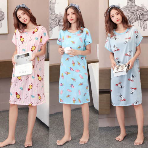 Korean Style Nightdress Women‘s Summer Cotton Short Sleeve Sweet Fresh Pajamas Cartoon Student Loose Milk Silk Home Wear Thin