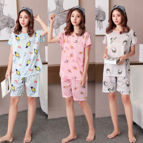 short-sleeved pajamas women‘s summer cotton korean style fresh student loose plus size home wear two-piece suit milk silk