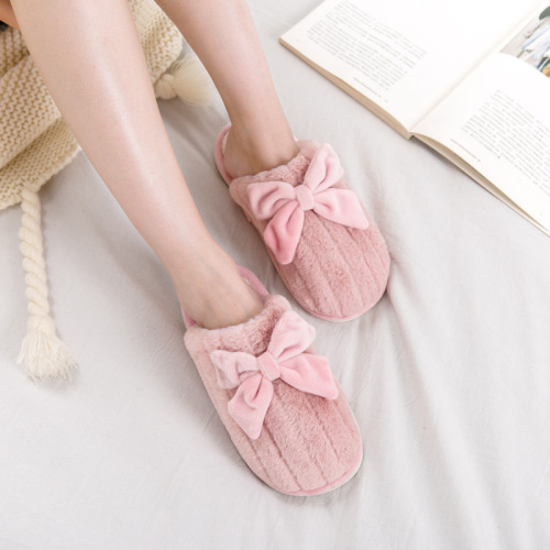 Autumn and Winter New Cotton Slippers Women‘s Bow Korean Style Thick Bottom Home Indoor Furry Men‘s Slippers 