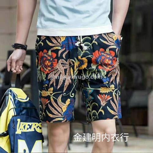 Summer Hot Cotton and Linen Printed Shorts Beach Pants Men‘s Linen Loose Large Size Quick-Drying Shorts