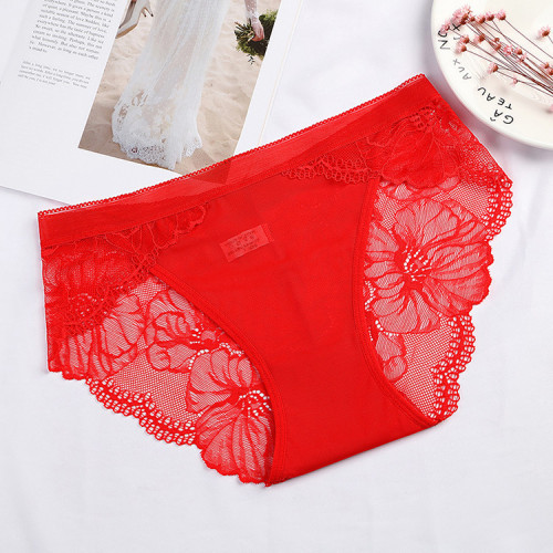 Mesh Seamless Mid-Waist Underwear Women‘s plus Size Sexy Lace Breathable Cotton Crotch Hip Briefs 1531