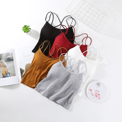 cotton mid-length beauty back cross spaghetti straps chest wrap vest underwear anti-exposure vest with chest pad