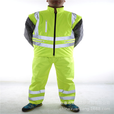Bright reflective coat with zipper and pocket stand collar detachable sanitation worker work suit