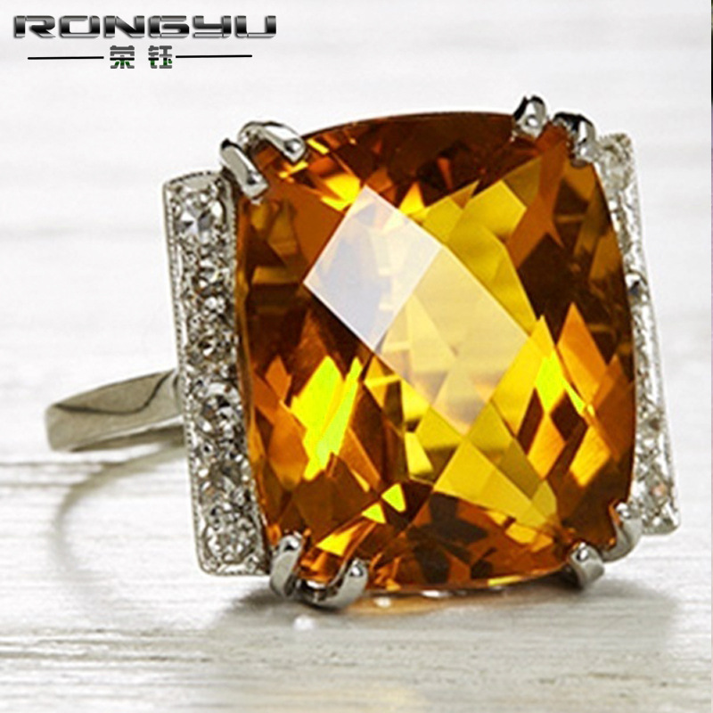 Rongyu eBay hot selling fashion zircon ring plated 18k gold inlaid yellow gem ring wholesale