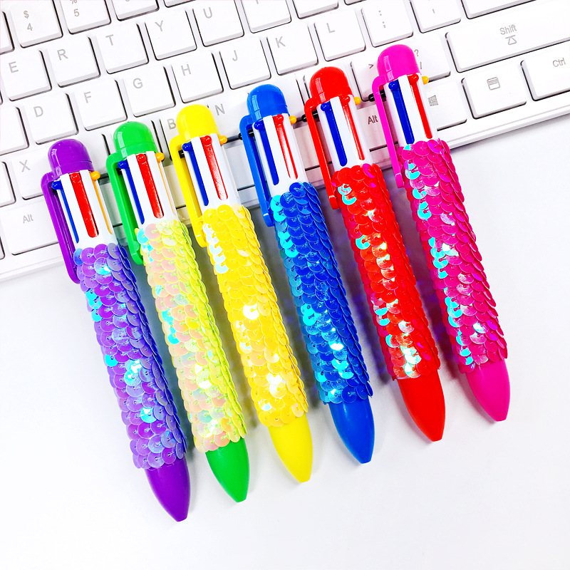 厂家直销 创意文具六色圆珠笔 亮片多色笔 多功能按动学生彩油笔