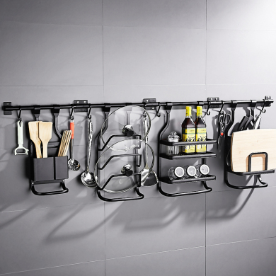 多功能厨房挂件四件套太空铝黑色置物架砧板刀架收纳架调料壁挂架