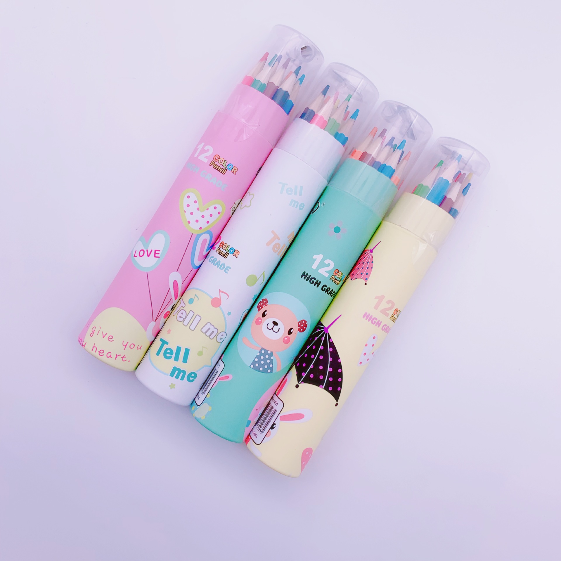 卡通馬卡龍色系12色紙筒彩色鉛筆帶卷筆刀蓋子 華明文具 義烏購 集運液體