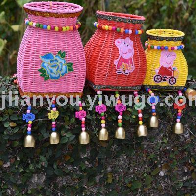 New Ethnic Style Hand-Woven Back Baskets Fish Basket Decorations Storage Basket Children‘s Backpack Wind Chimes