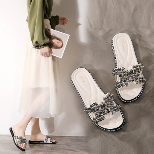 korean style diamond slippers women‘s outdoor wear street style fashion personality all-match one-word slippers summer flat non-slip sandals