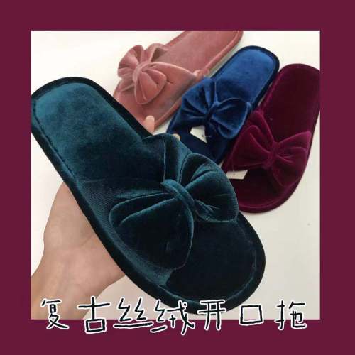 vintage velvet open slippers indoor floor open slippers bow slippers women‘s spring and autumn slippers