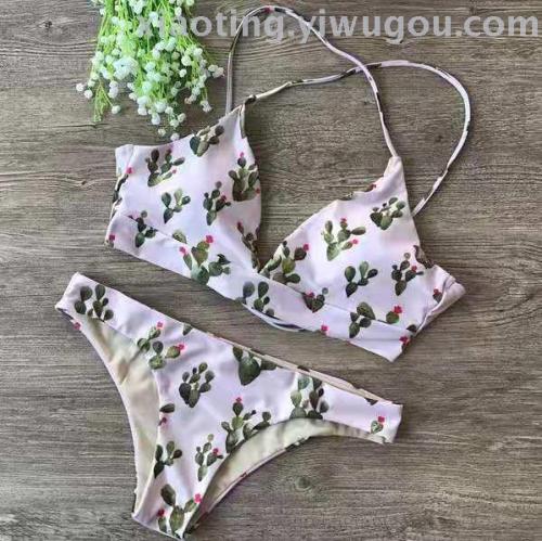 Bikini Foreign Trade New Fashion Cactus Printing Split Women‘s Swimsuit Nylon Quality Factory Direct Sales