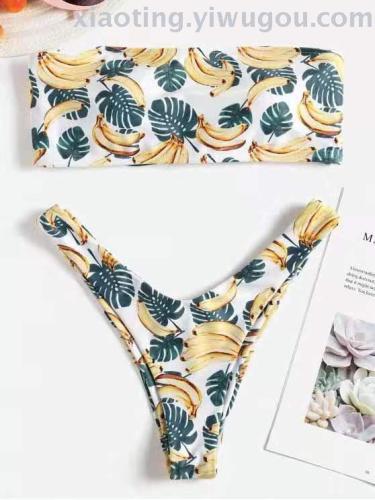 foreign trade bikini new sexy banana print tube top ladies split swimsuit nylon quality factory direct sales