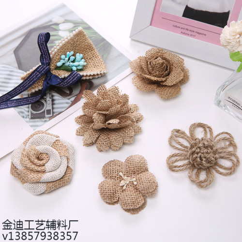Factory Direct Sales Exclusive for Cross-Border Wedding Party Ornamental Flower Linen Flower Shoe Ornament Hat Flower Rose Handmade Linen Flower