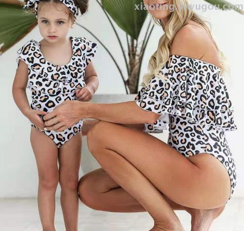Bikini Foreign Trade New Fashion Ruffles Leopard Print Parent-Child One Piece Swimsuit Nylon Quality Factory Direct Sales