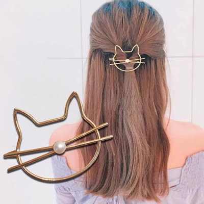 Korean Jewelry Hairpin Pearl Cute Cat Side Come Hairpin Alloy Hairpin Wholesale