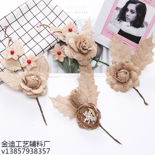 Factory Direct Sales Exclusive for Cross-Border Creative Hat Clothes with Branch Linen Flower Ornamental Flower Handmade Flower DIY Material
