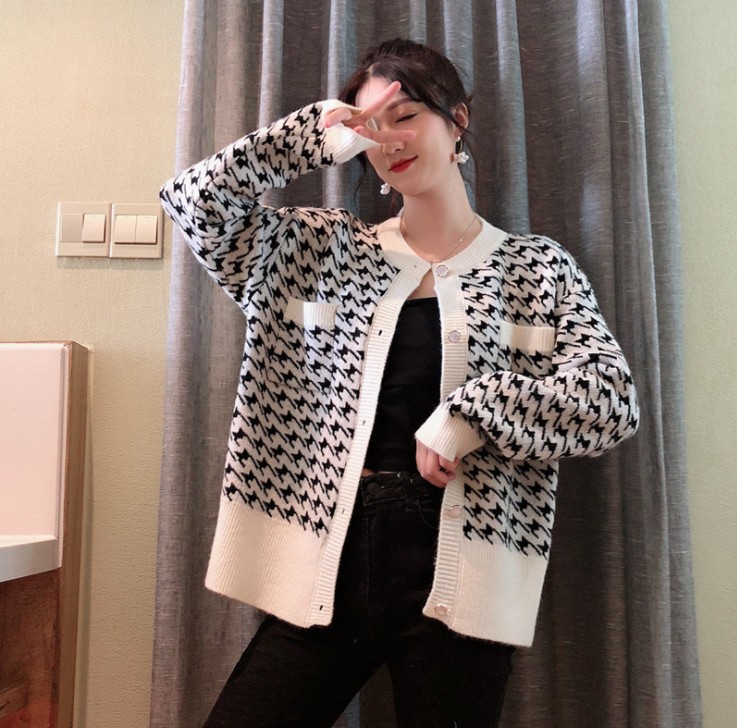 Kill bird check short knit Cardigan dress small flavor Wind Coat versatile Instagram top