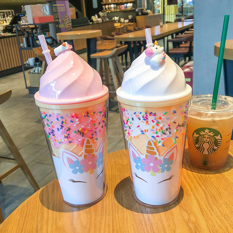 潮流独角兽冰淇淋塑料杯可爱网红吸管水杯男女学生情侣杯子