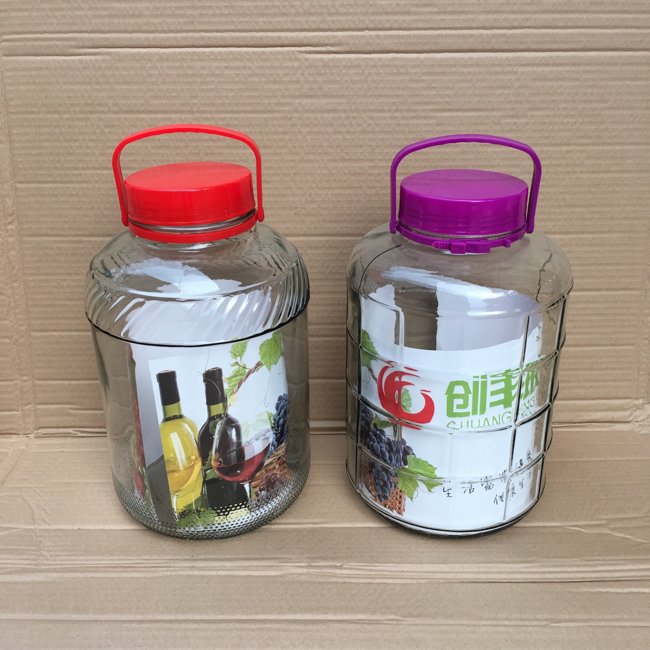 大号创丰玻璃瓶10升20斤装红盖斜纹紫盖方格泡酒梅酒瓶 厂家直销_义乌