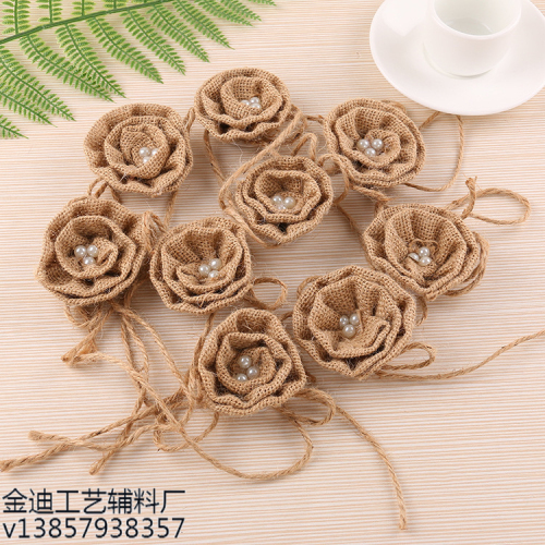Factory Direct Sales Exclusive for Cross-Border Linen Lace Pearl Rose Flower European and American Celebration Festival Party Ornamental Flower
