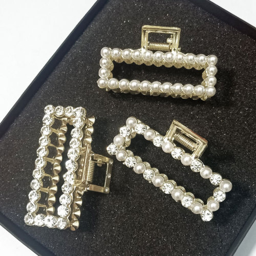 european and american fashion rhinestone pearl retro geometric rectangular alloy hairpin grip ponytail clip top clip （large）