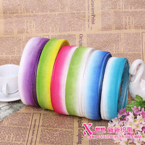 Single-Sided Gradient Color Yarn Strip Gradient Printing DIY Handmade Butterfly Hair Accessory Material Polyster Ribbon Cheap Wholesale