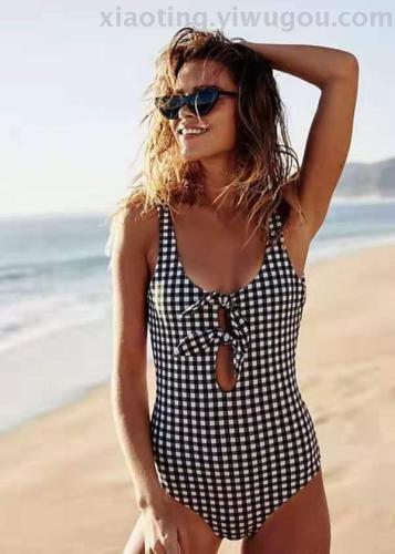 bikini foreign trade new sexy plaid print conservative slimming women‘s one-piece swimsuit nylon quality factory straight