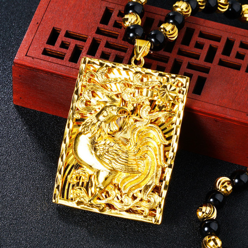 wholesale golden chicken crow square plate pendant necklace male brass plated 24k gold imitation obsidian vietnam alluvial gold necklace