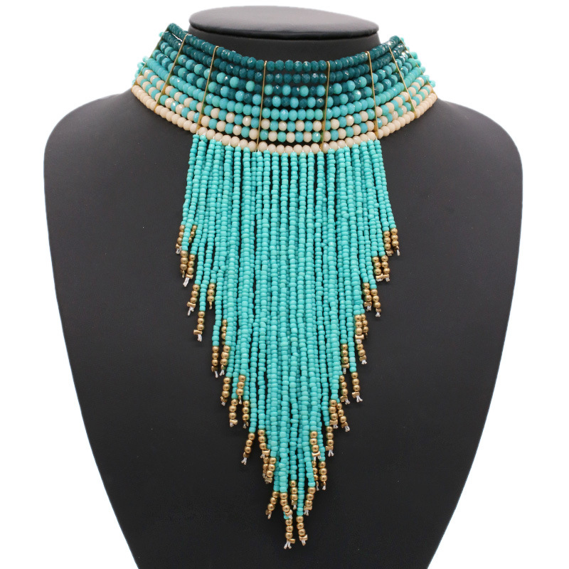 The new Bohemia mi bead crystal tassel necklace European and American national style handmade beaded
