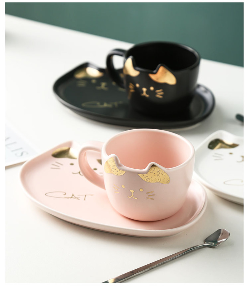 创意猫咪陶瓷咖啡杯碟北欧卡通可爱杯碟套装办公室家用水杯