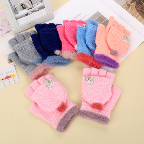 Winter Korean Style Women‘s Warm Knitted Gloves Students Writing Touch Screen Half Flip Brushed Gloves Factory Wholesale 