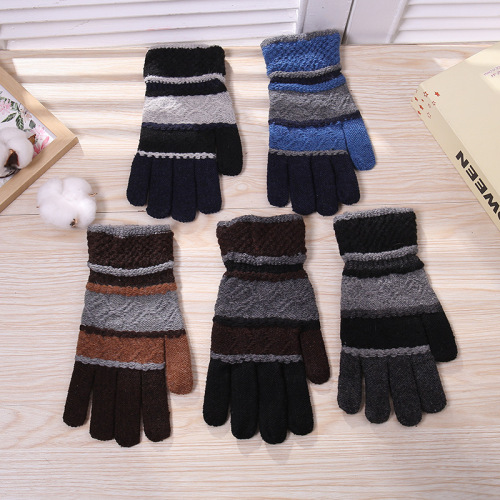korean men‘s striped magic gloves winter fleece-lined warm student wool knitted full finger gloves wholesale