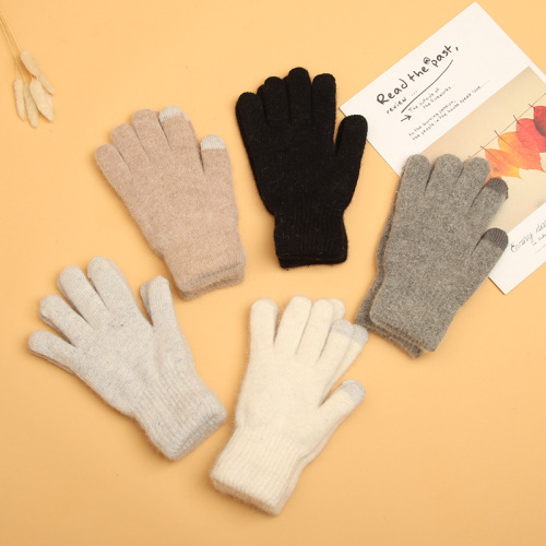 winter new thickened cold-proof touch screen gloves japanese and korean students rabbit fur warm knitted five-finger gloves factory wholesale