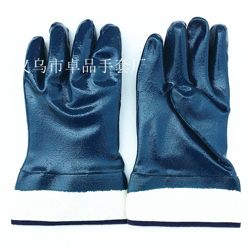Factory Direct Sales Safety Mouth Flannel Dipped Nitrile Labor Gloves Large Mouth Nitrile Oil-Resistant Gloves