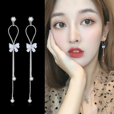 Long Tassel Small Bow Tie Earrings Exaggerated Versatile Slim-Looking Face Earrings Korean Style Fresh Artificial Zircon Earrings