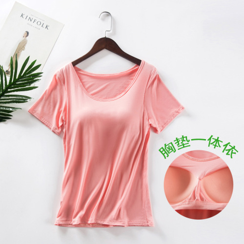 modal with chest pad cup half sleeve women‘s summer short sleeve t-shirt bra-free sports vest factory wholesale